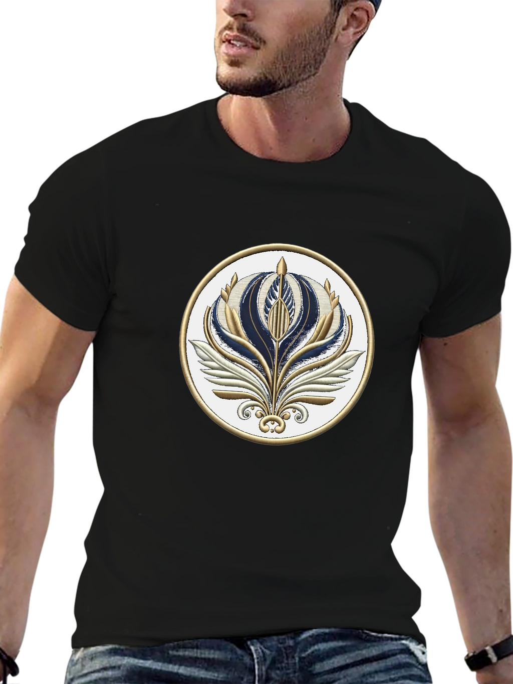 Stylish Black T-Shirt with Floral Emblem