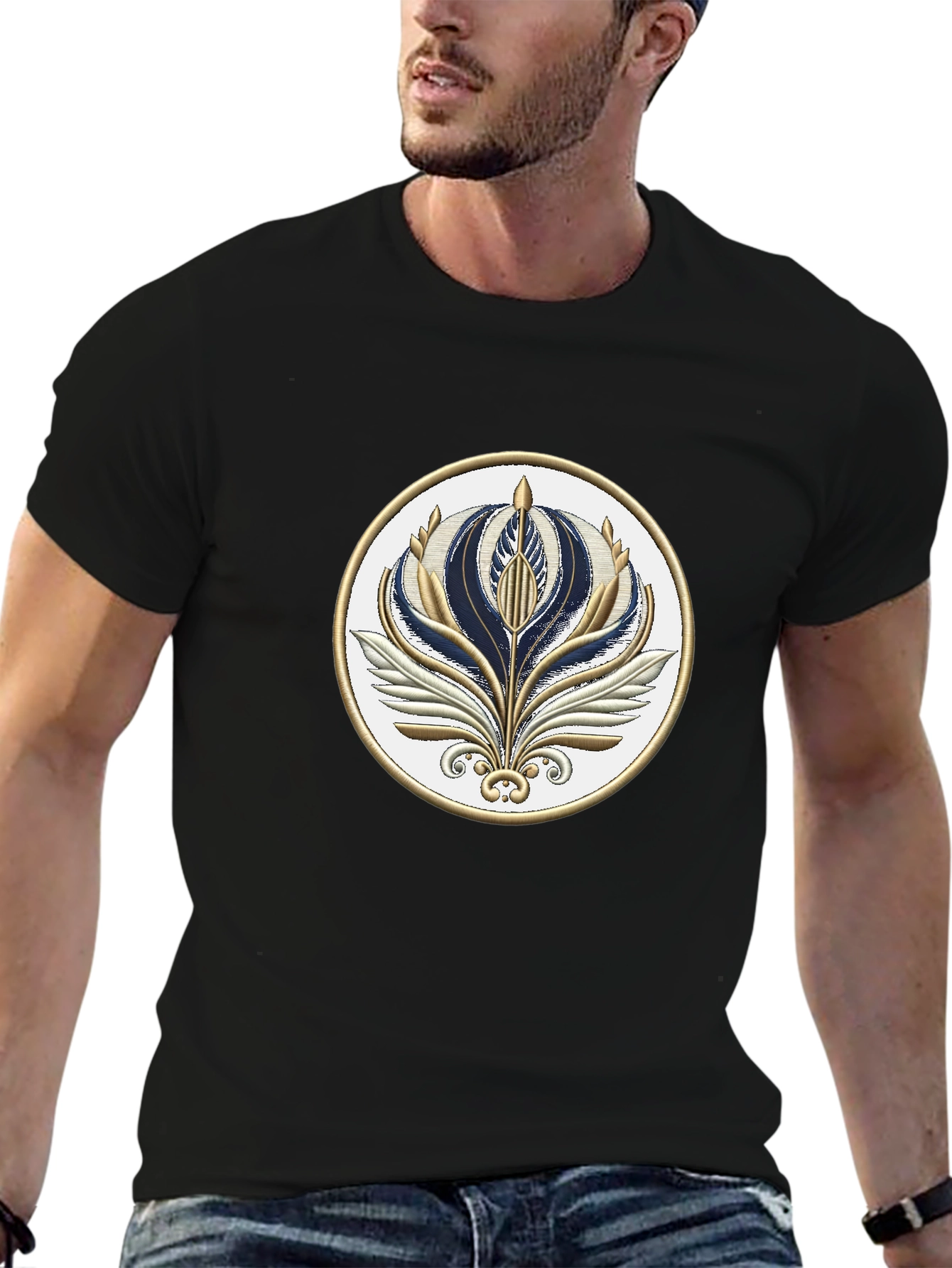 Stylish Black T-Shirt with Floral Emblem