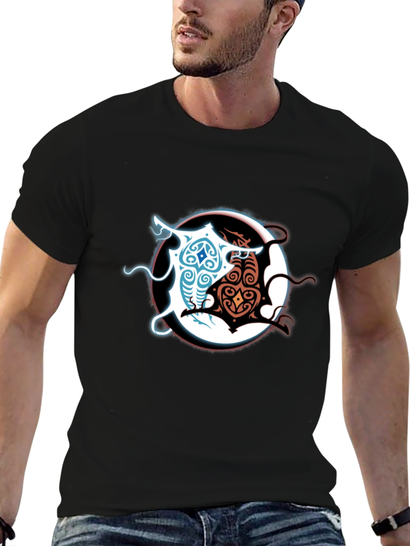 Yin Yang Dragons Graphic Tee - Black Cotton Blend