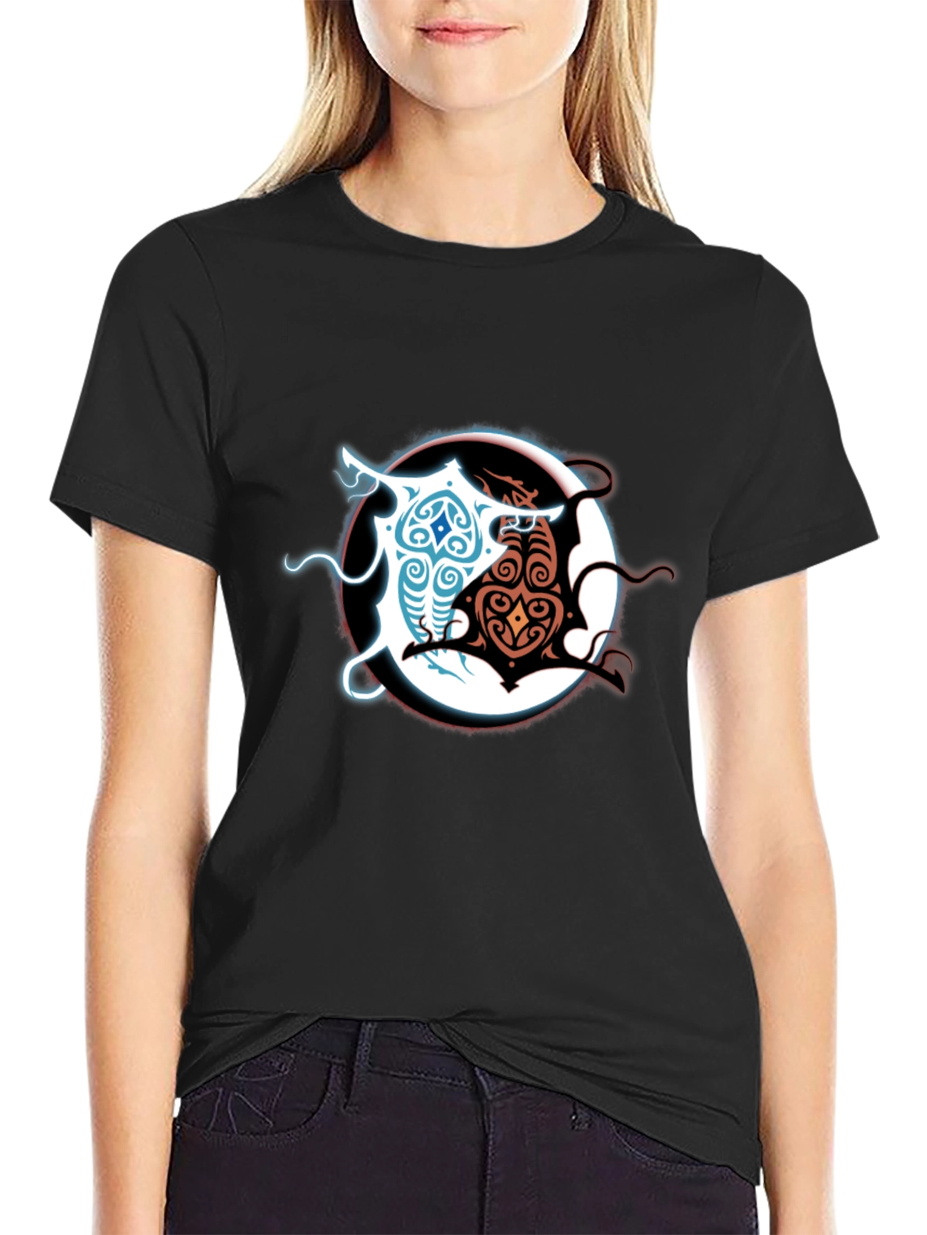 Yin Yang Dragons Graphic Tee - Black Cotton Blend