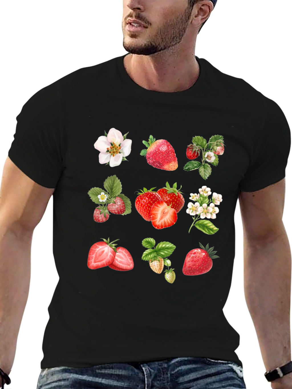 Strawberry Pattern Black T-Shirt