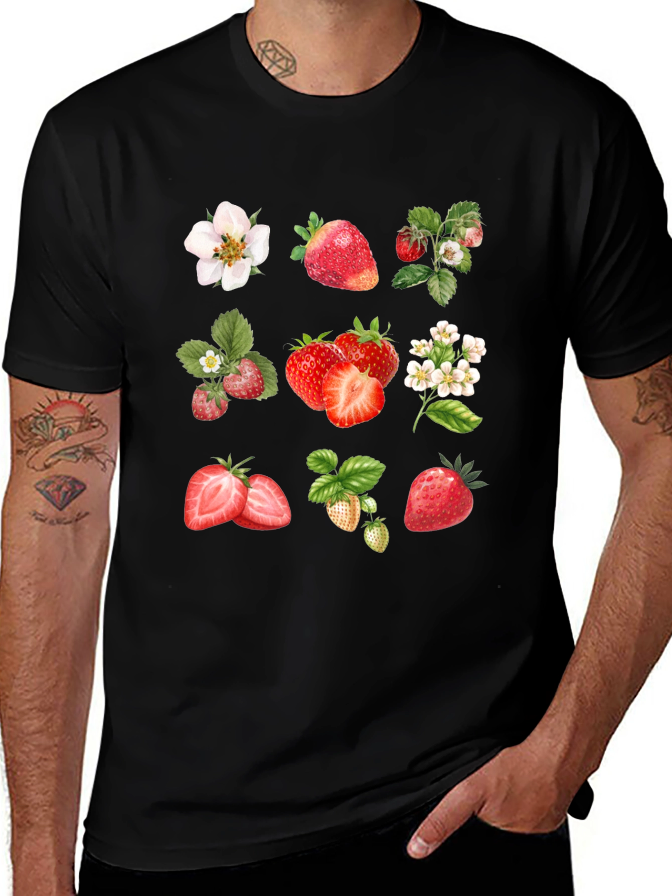 Strawberry Pattern Black T-Shirt