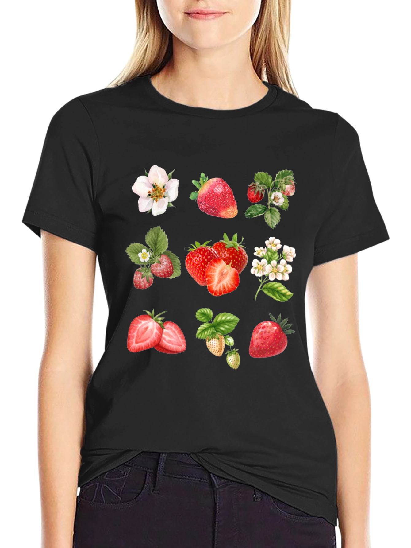 Strawberry Pattern Black T-Shirt
