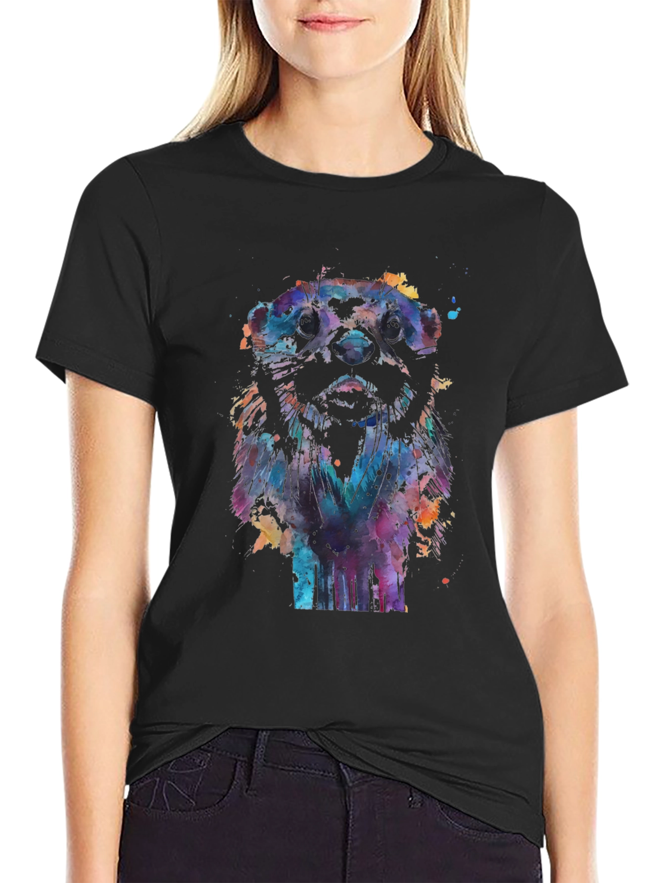 Watercolor Otter Graphic Black T-Shirt