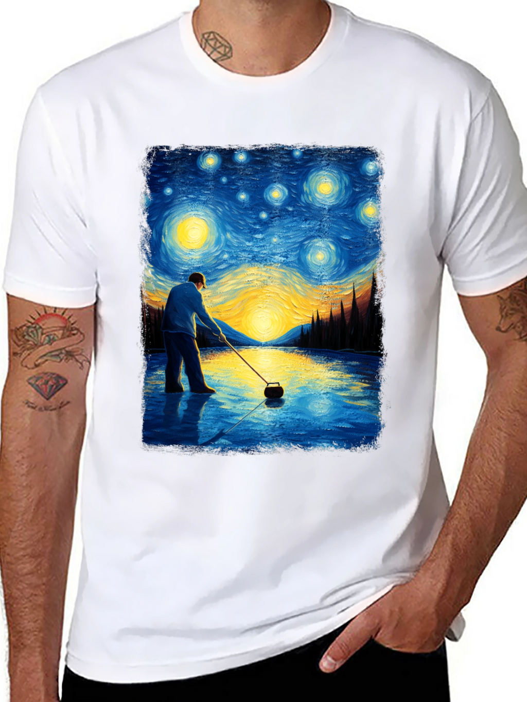 Starry Night Curling T-Shirt - Artistic Black Tee