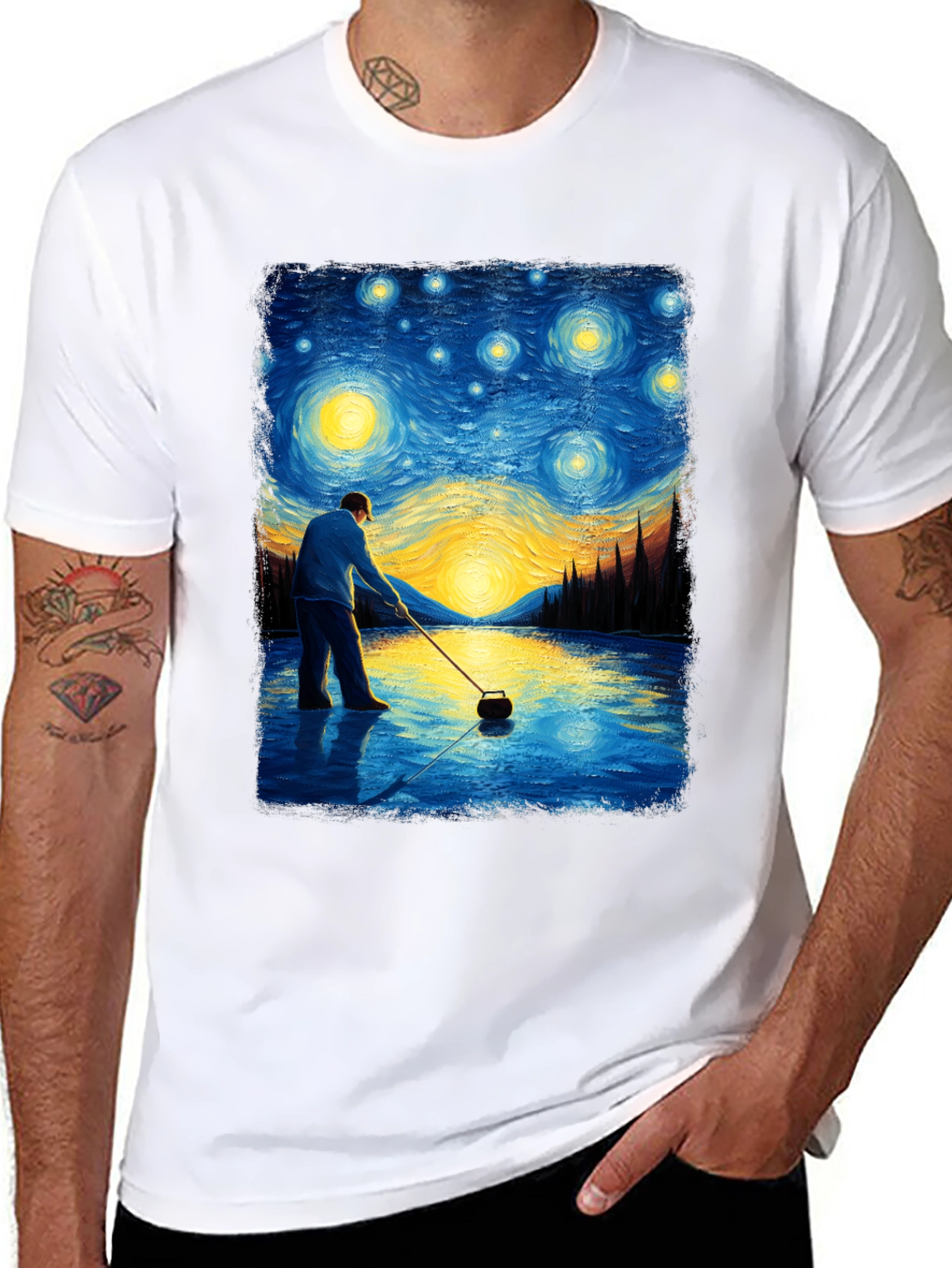 Starry Night Curling T-Shirt - Artistic Black Tee