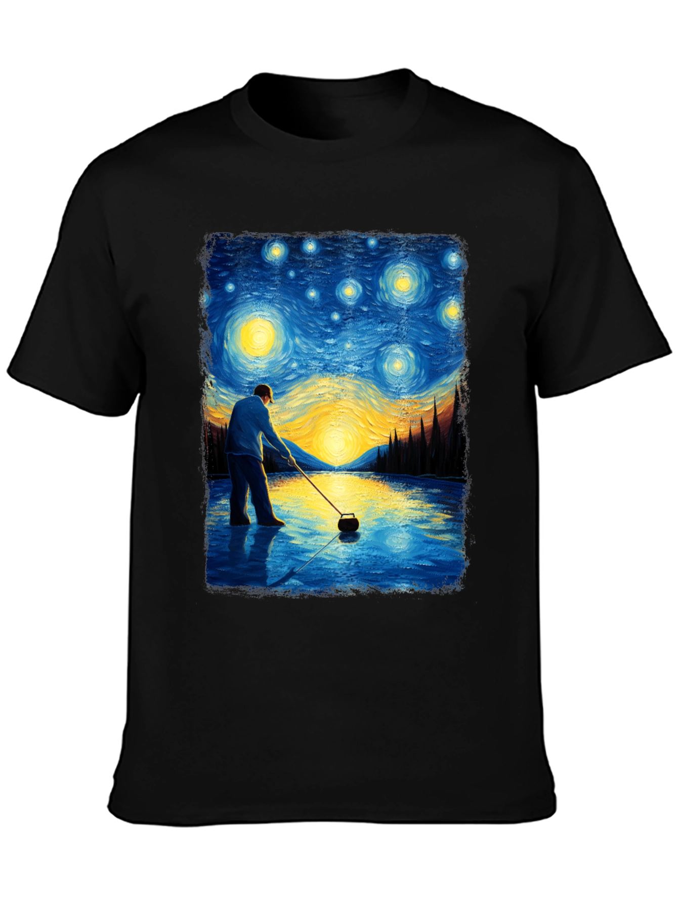Starry Night Curling T-Shirt - Artistic Black Tee
