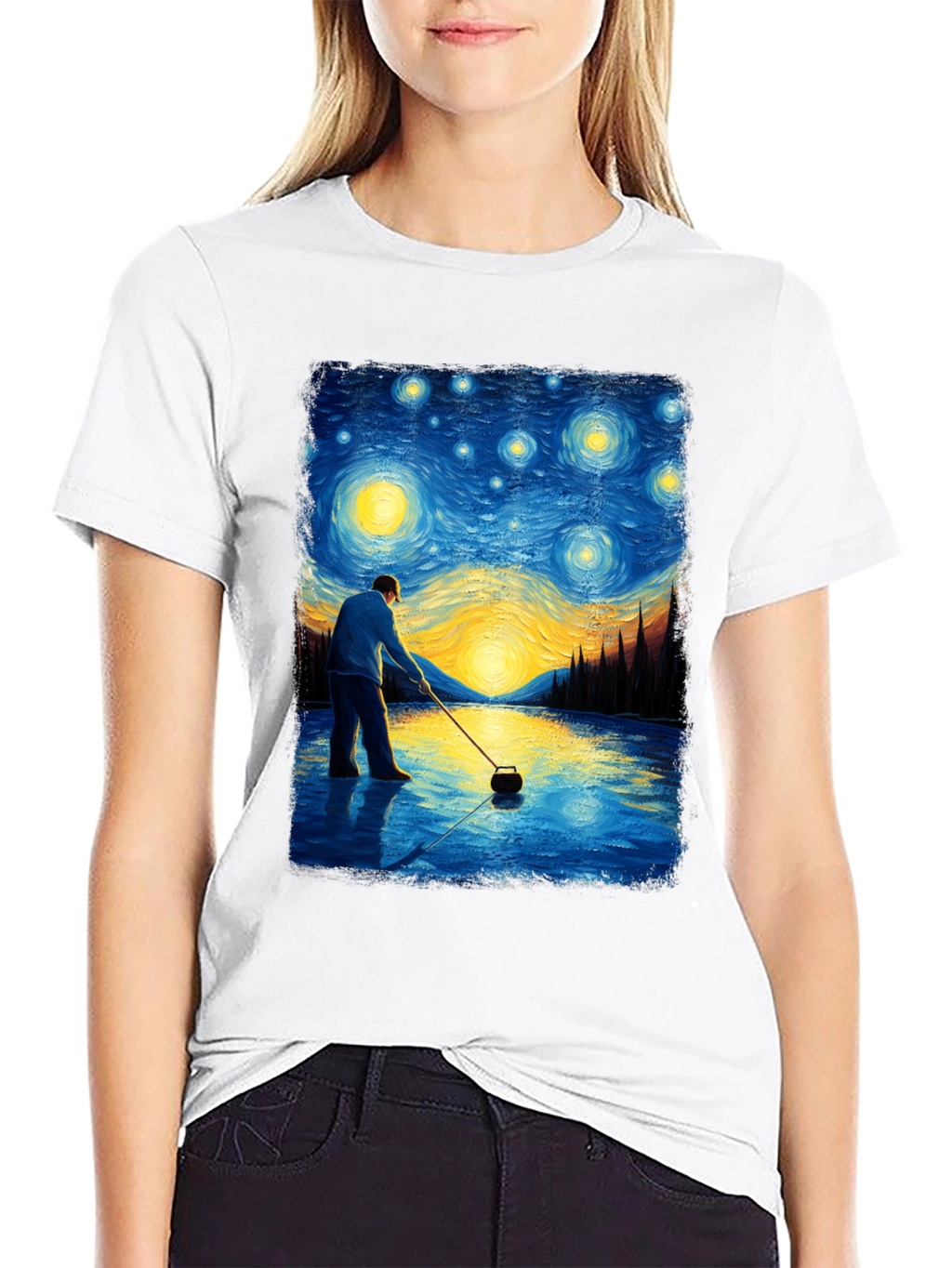 Starry Night Curling T-Shirt - Artistic Black Tee
