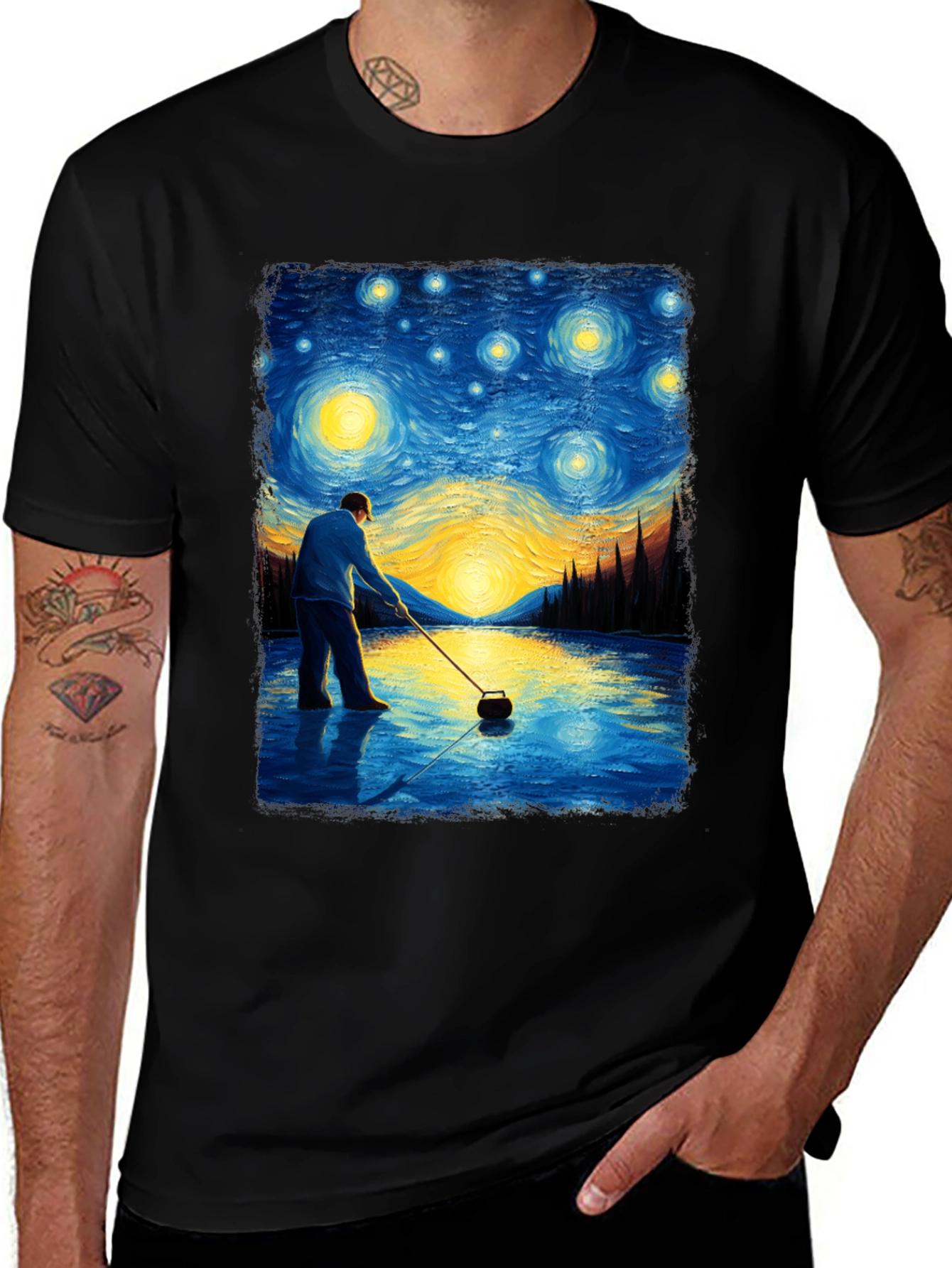 Starry Night Curling T-Shirt - Artistic Black Tee