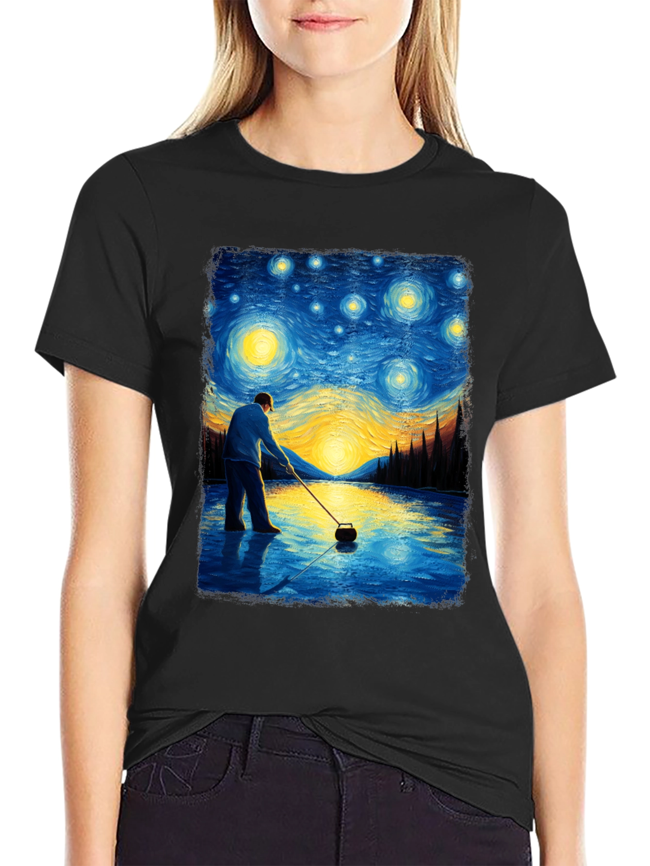 Starry Night Curling T-Shirt - Artistic Black Tee