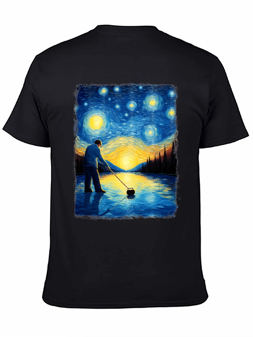 Starry Night Curling T-Shirt - Artistic Black Tee