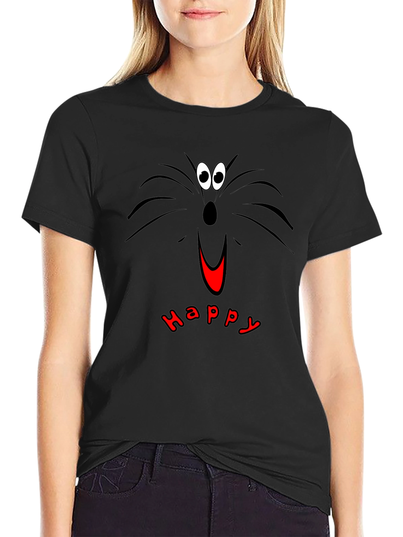 Happy Cat Face T-Shirt - Black