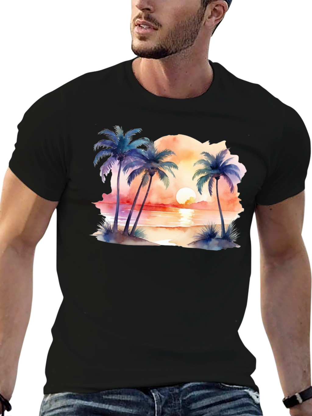 Tropical Sunset Palms Black T-Shirt