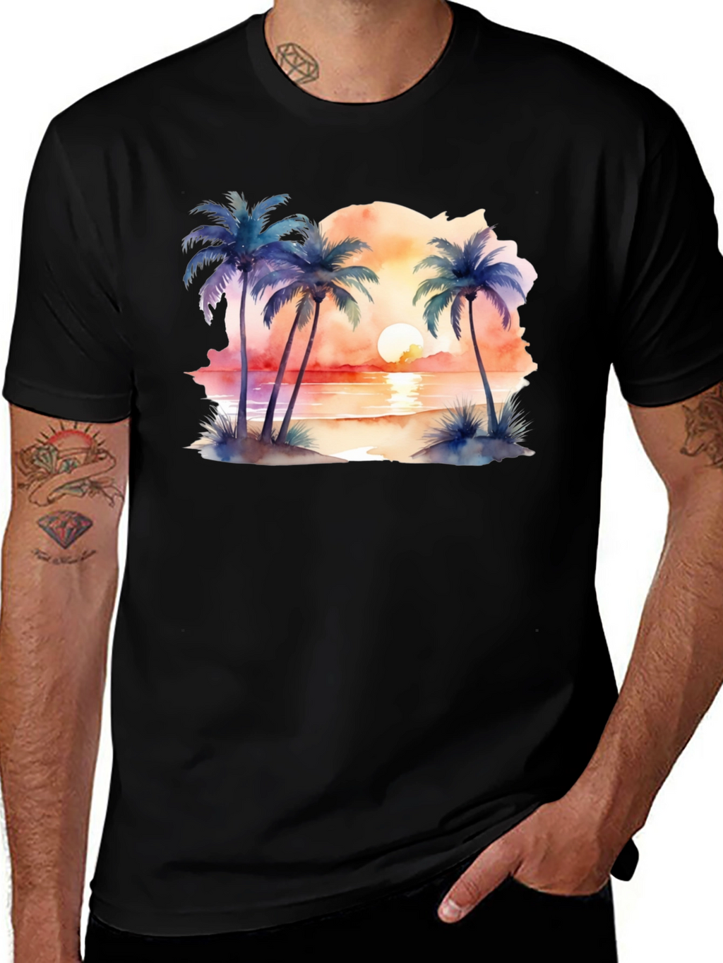 Tropical Sunset Palms Black T-Shirt