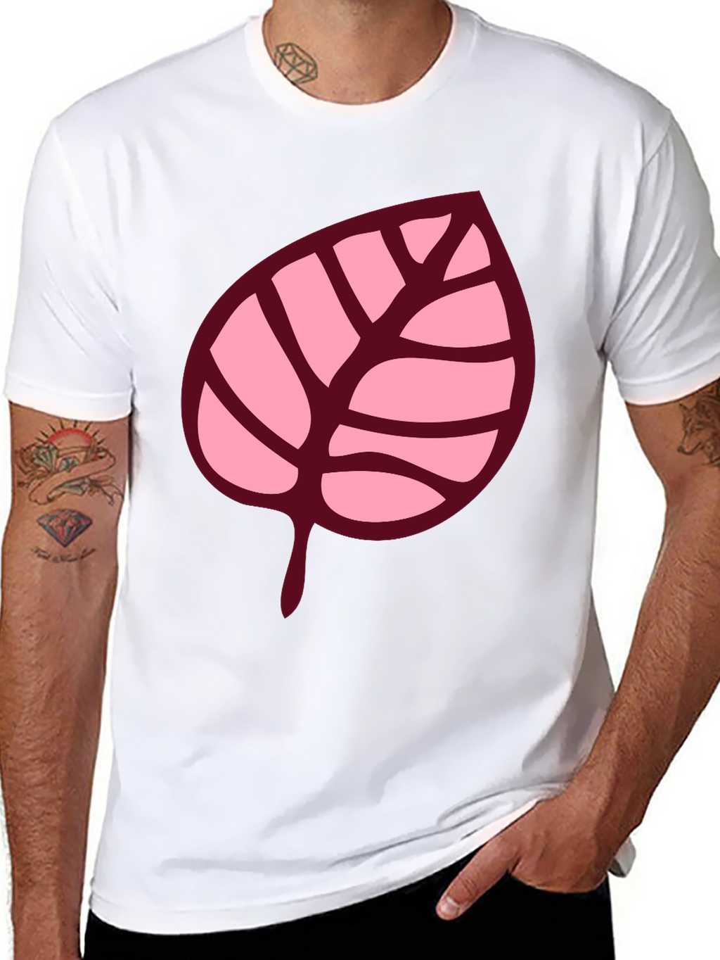 Pink Leaf Graphic Black T-Shirt