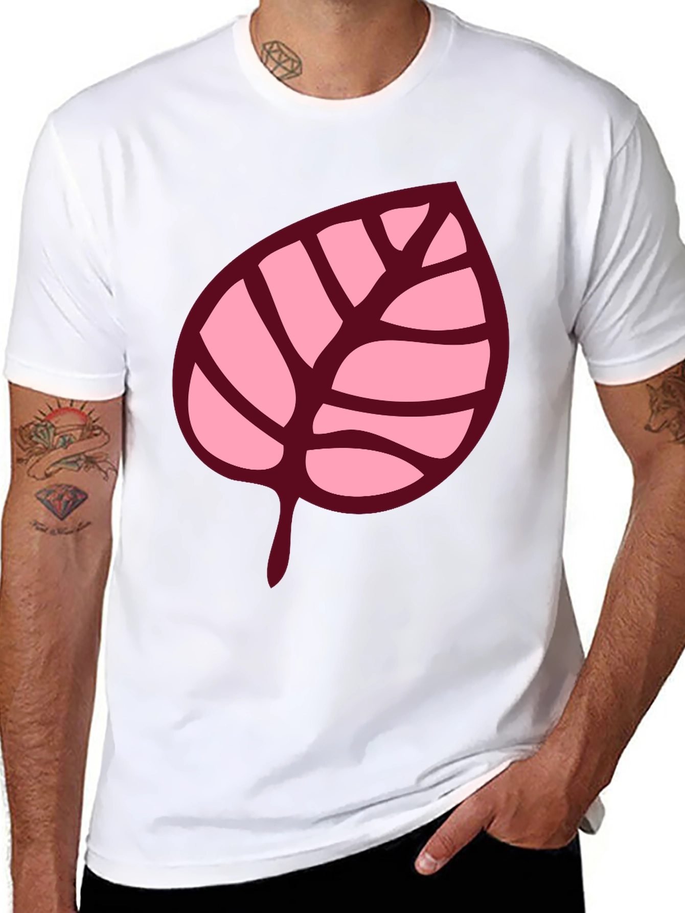 Pink Leaf Graphic Black T-Shirt