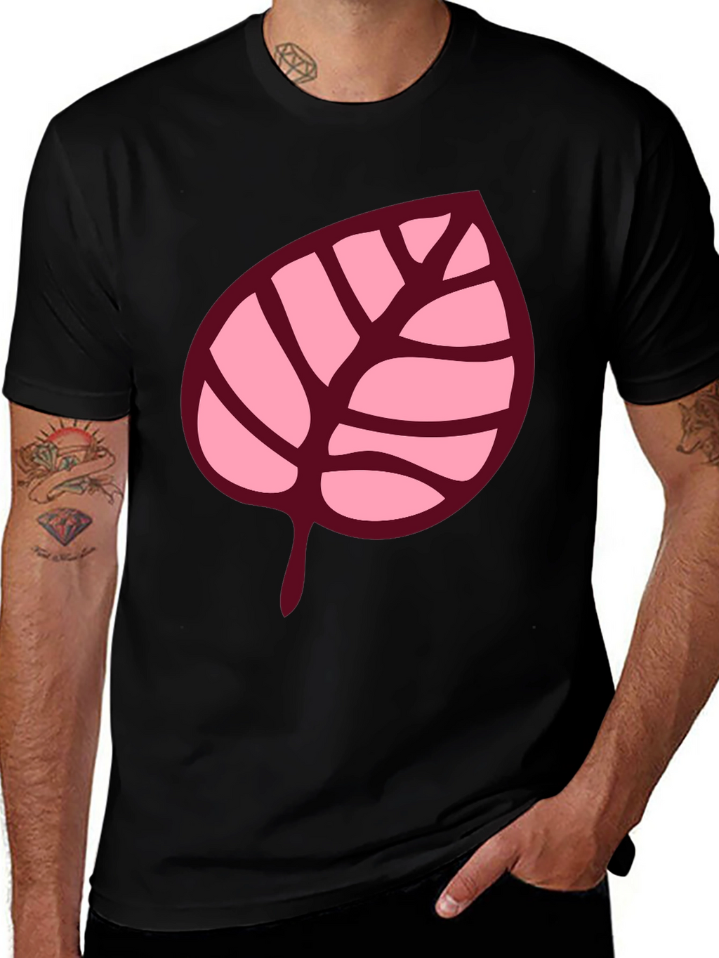 Pink Leaf Graphic Black T-Shirt