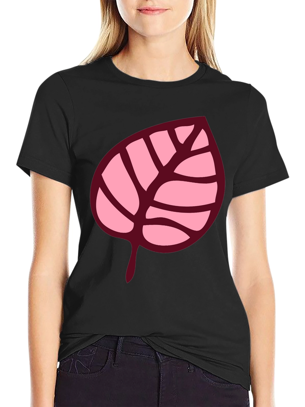 Pink Leaf Graphic Black T-Shirt