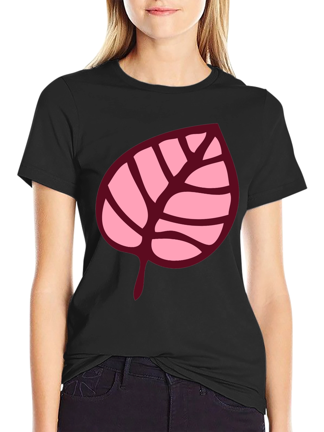 Pink Leaf Graphic Black T-Shirt