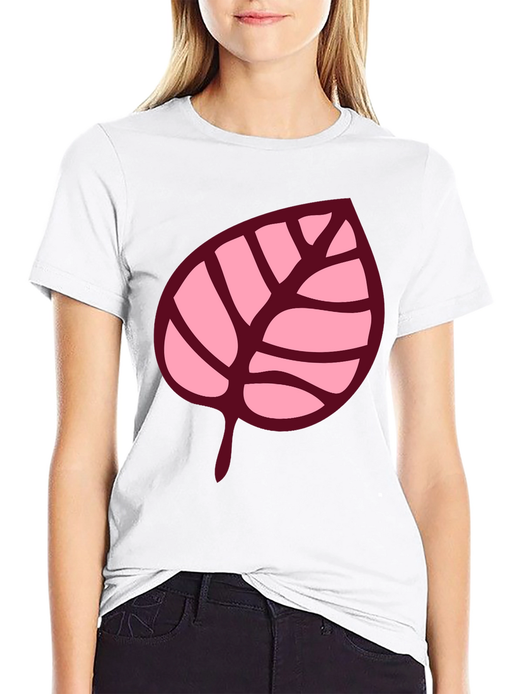Pink Leaf Graphic Black T-Shirt
