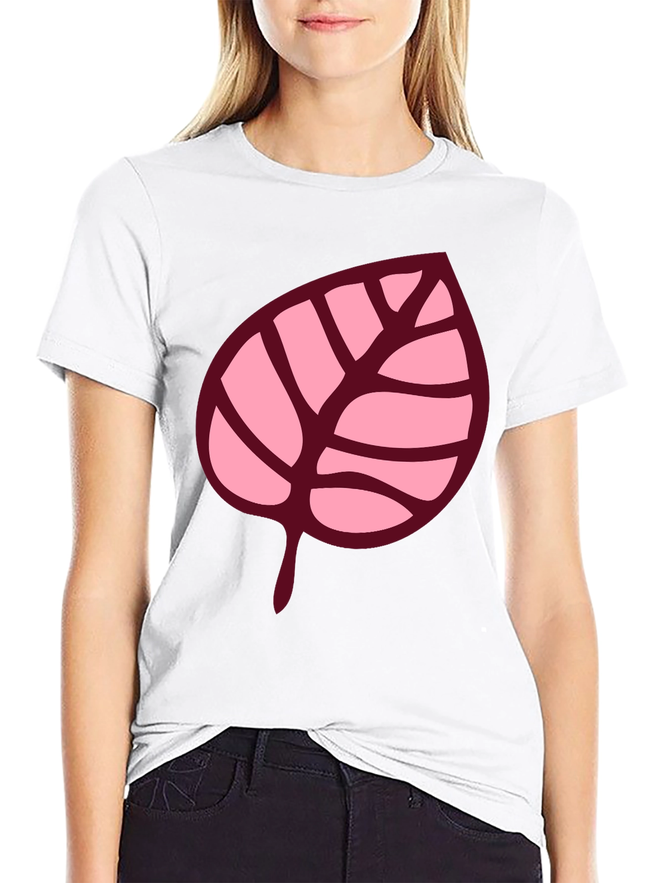 Pink Leaf Graphic Black T-Shirt