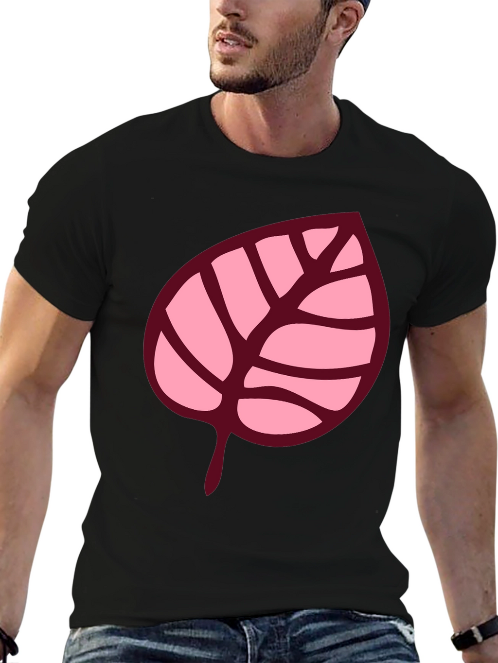 Pink Leaf Graphic Black T-Shirt