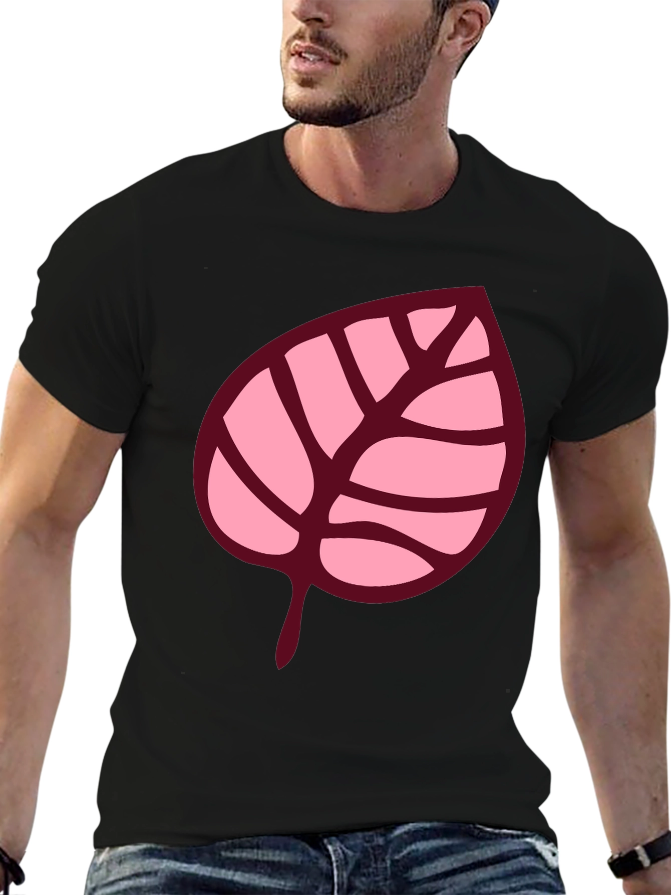 Pink Leaf Graphic Black T-Shirt
