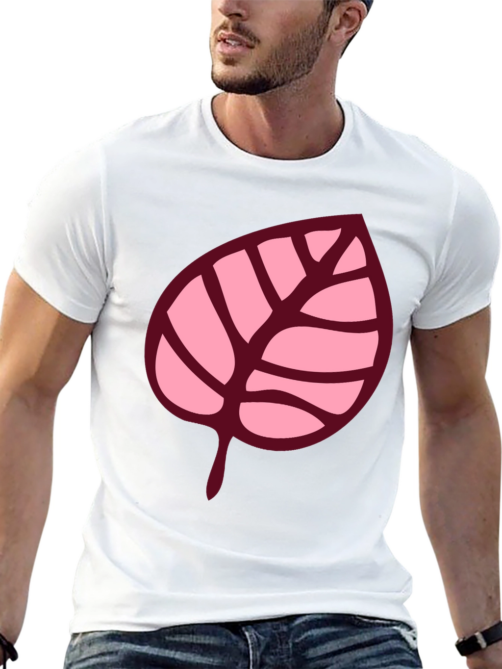 Pink Leaf Graphic Black T-Shirt
