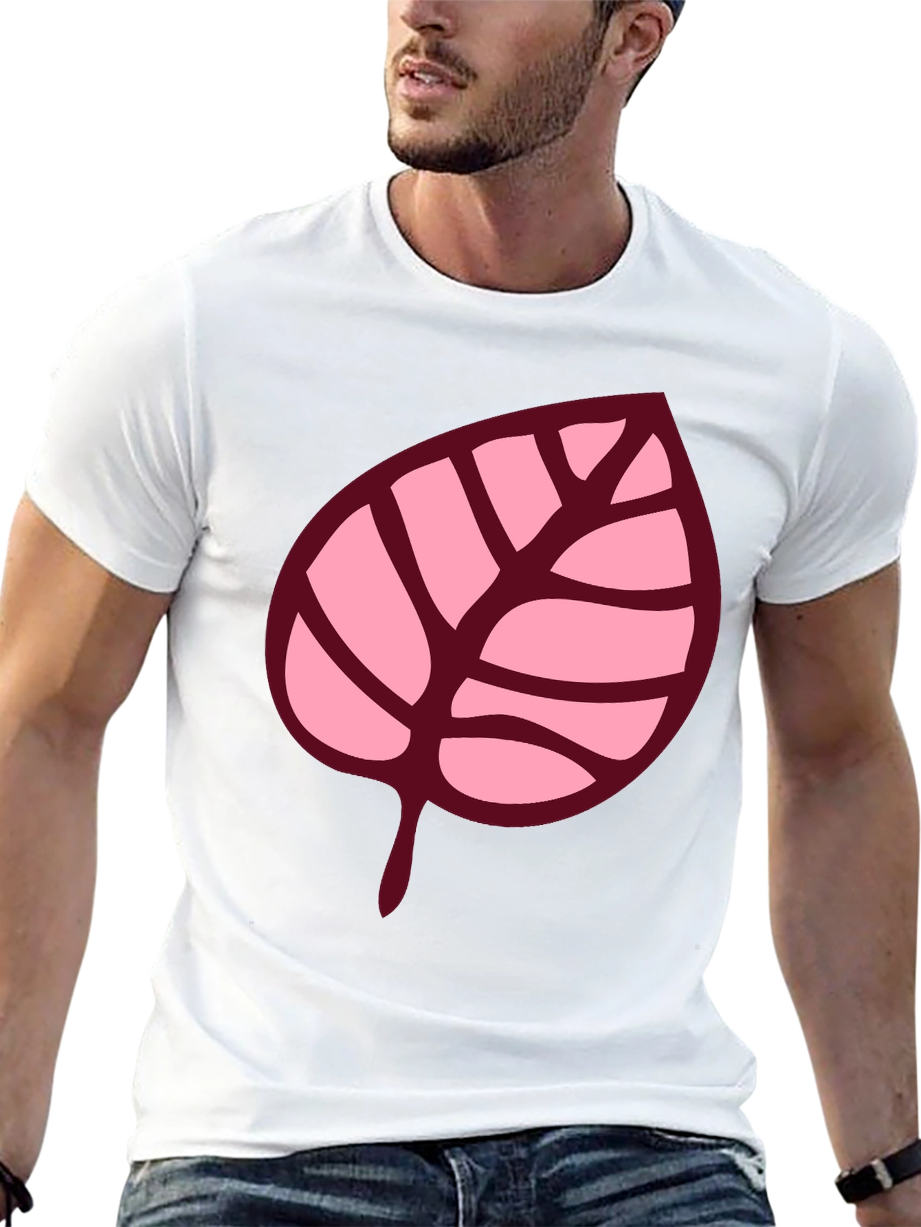 Pink Leaf Graphic Black T-Shirt