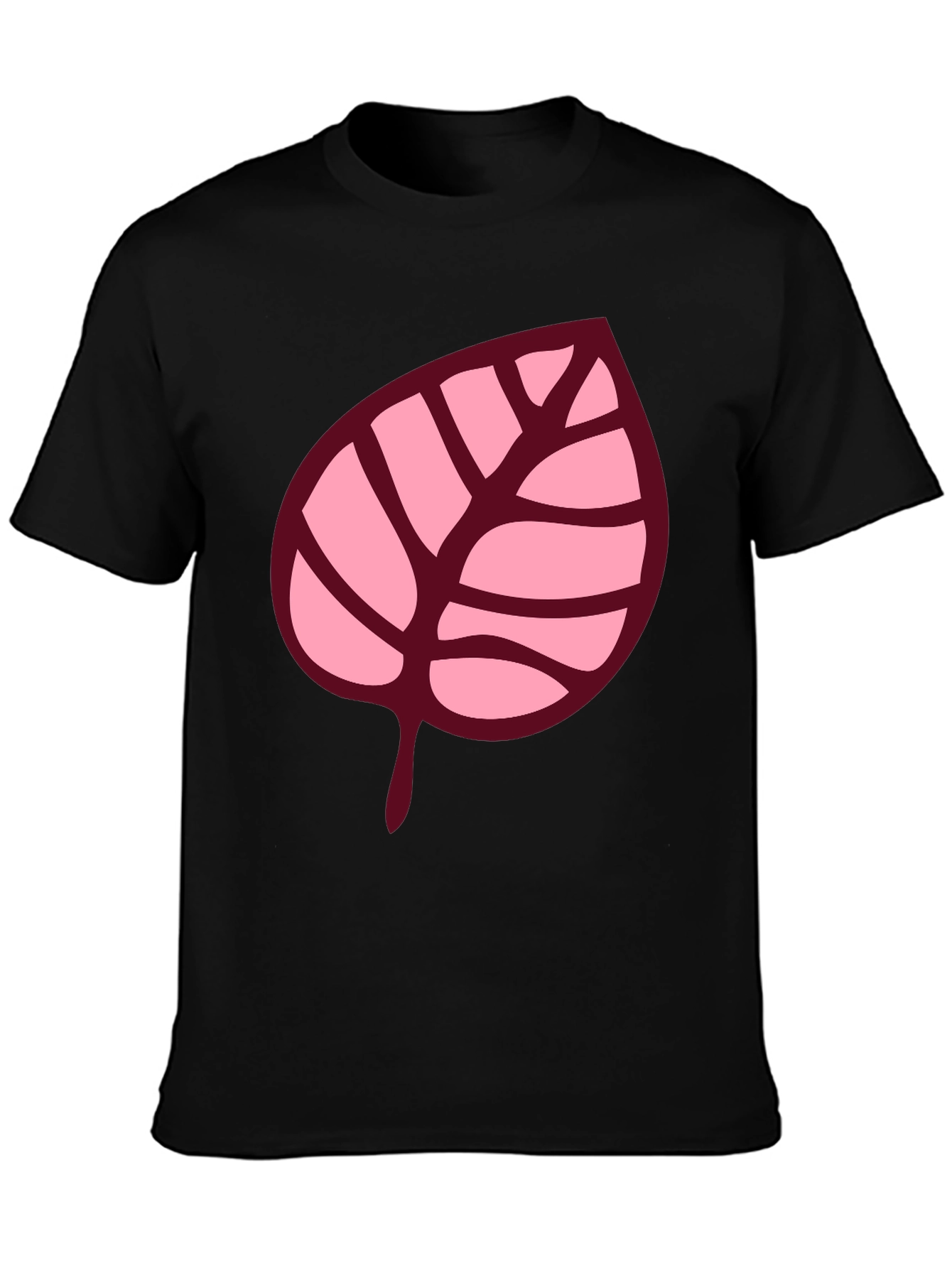 Pink Leaf Graphic Black T-Shirt