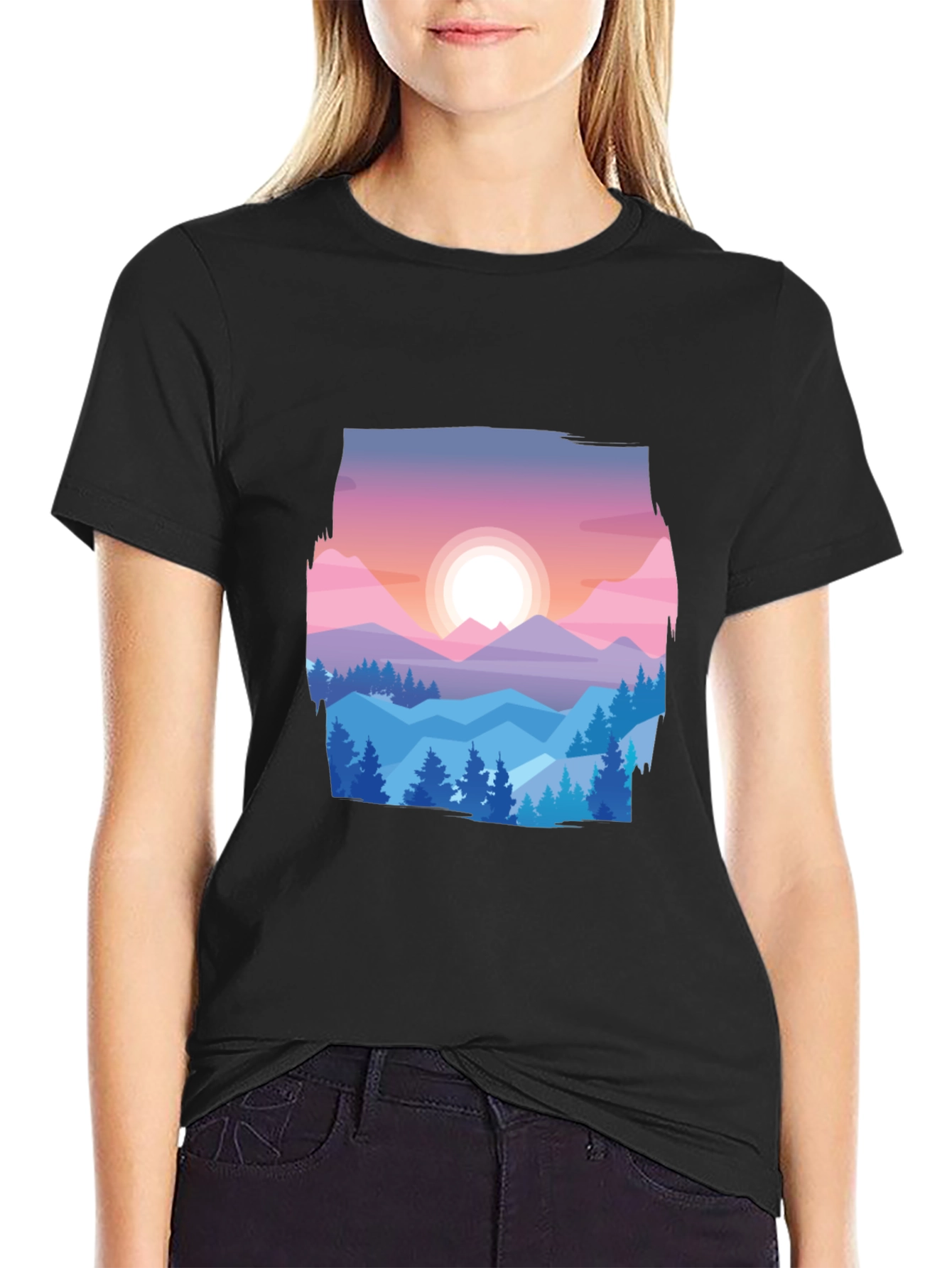 Mountain Sunset Graphic Tee - Black Cotton Comfort