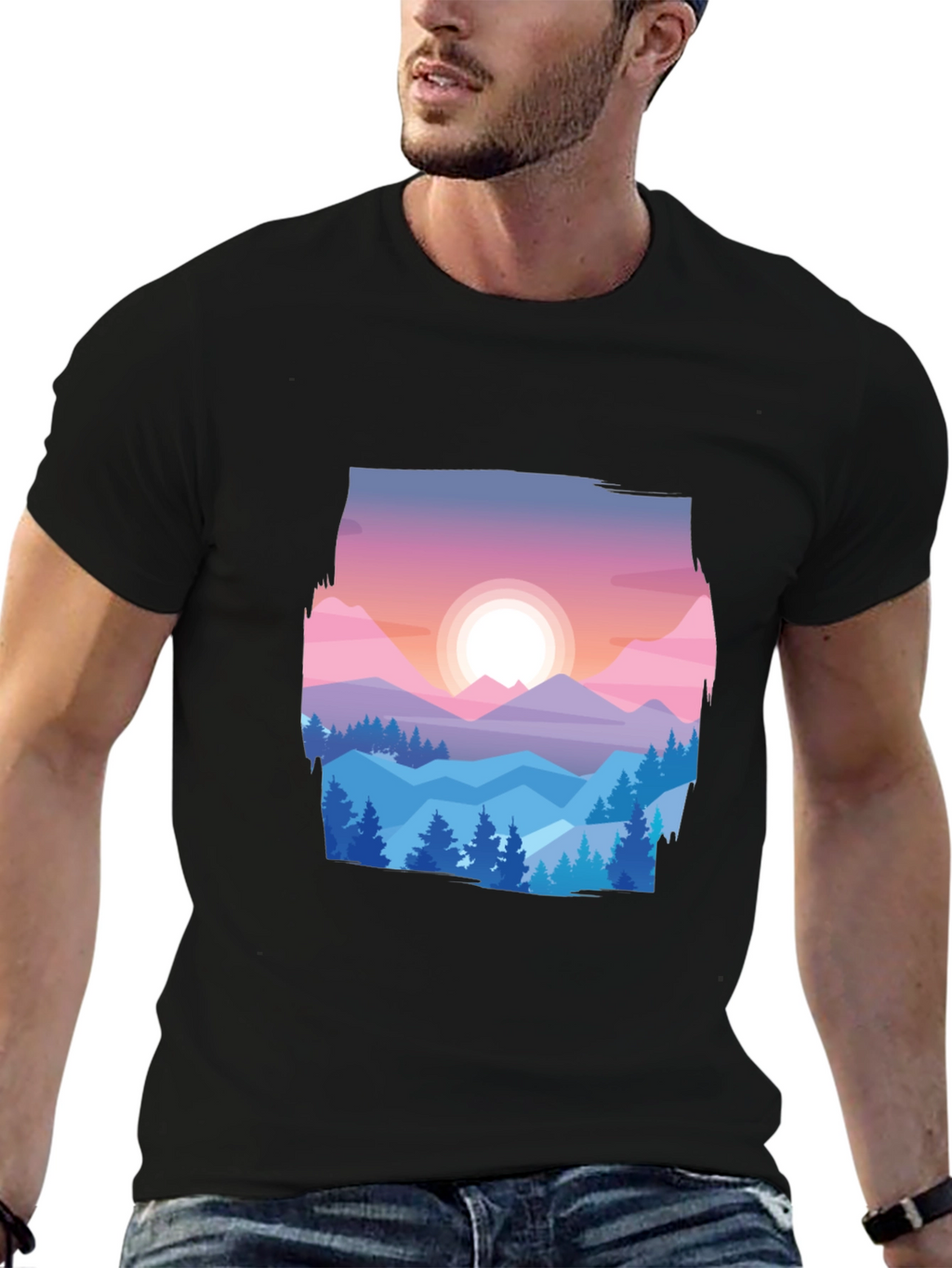 Mountain Sunset Graphic Tee - Black Cotton Comfort