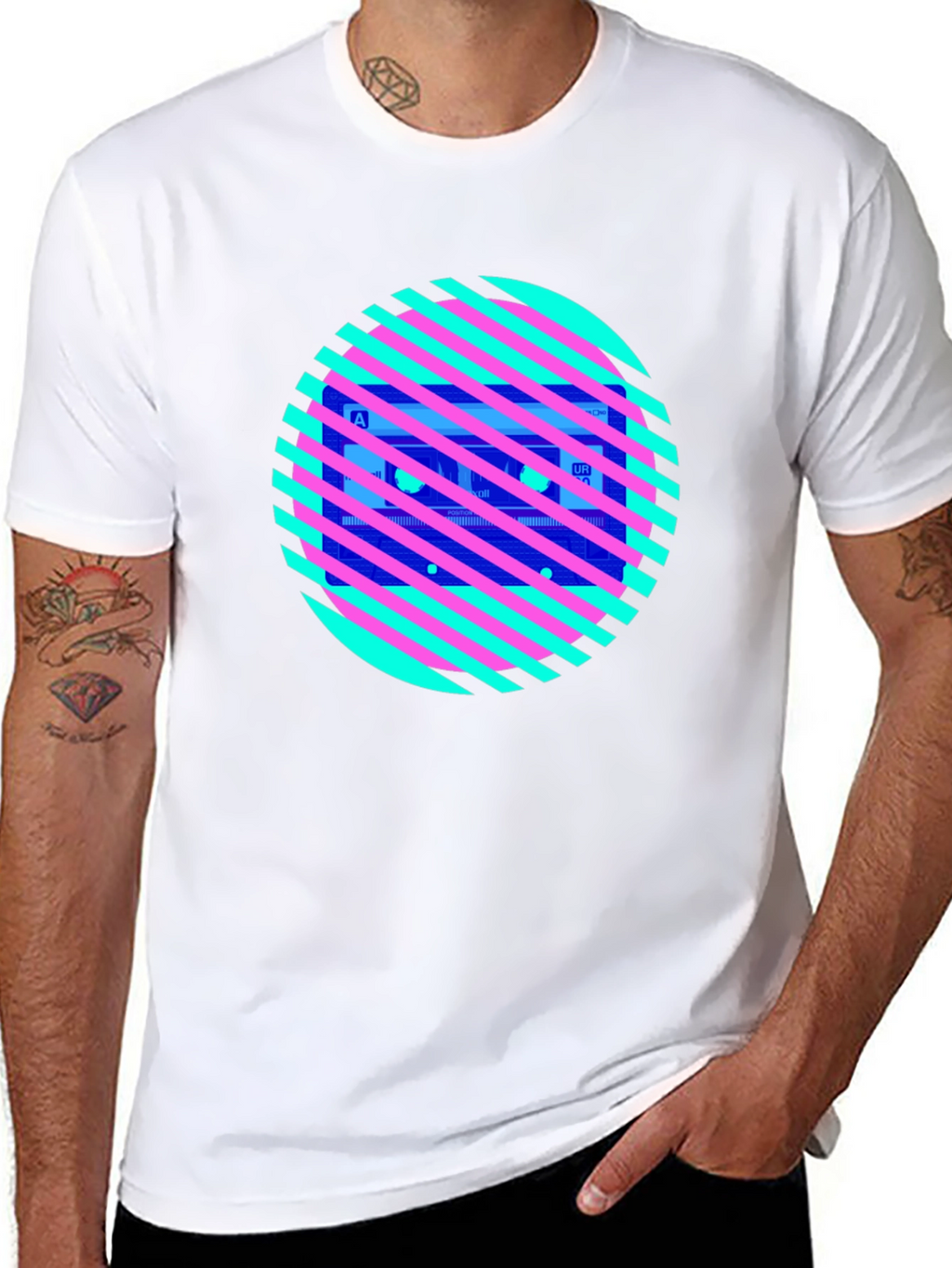 Retro Cassette Tape Graphic Tee - Striped Circle Design
