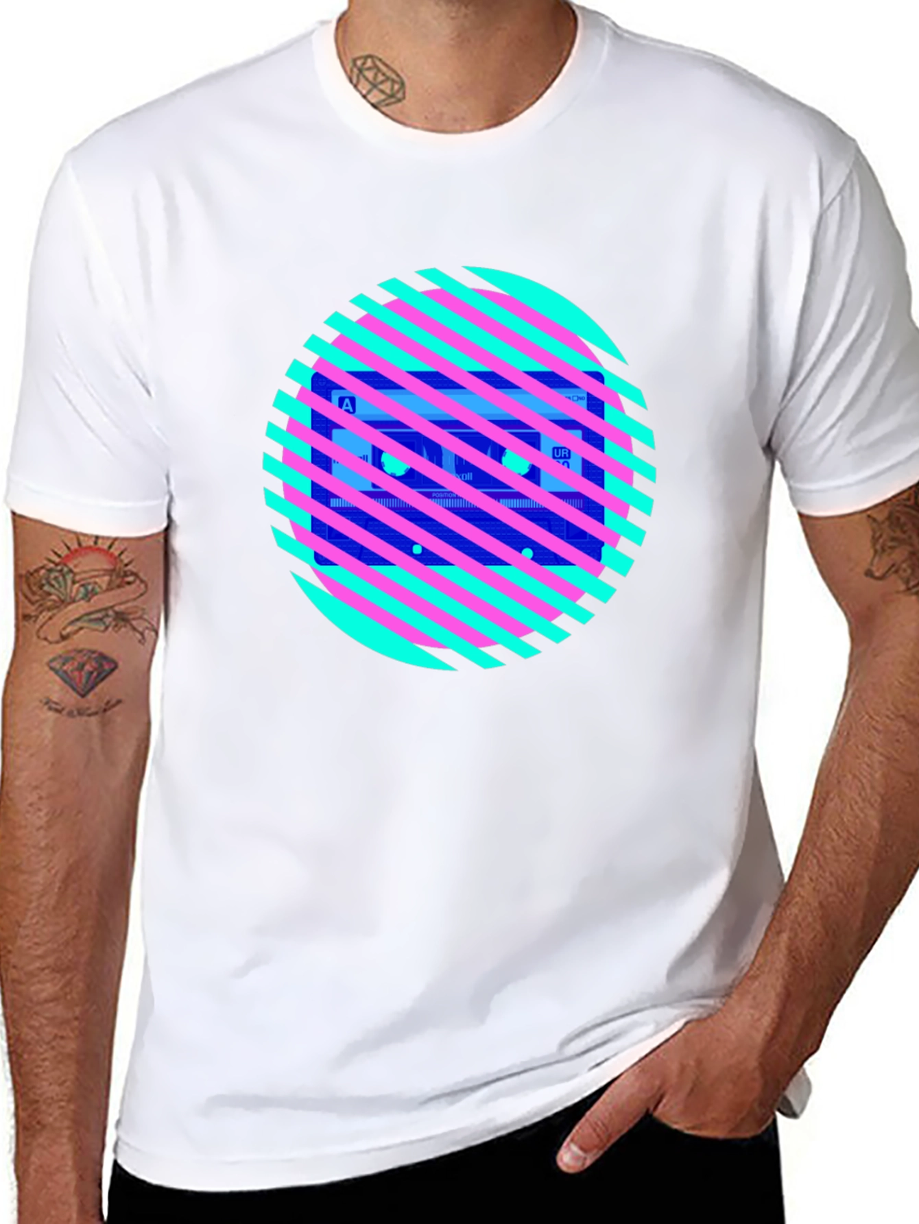 Retro Cassette Tape Graphic Tee - Striped Circle Design