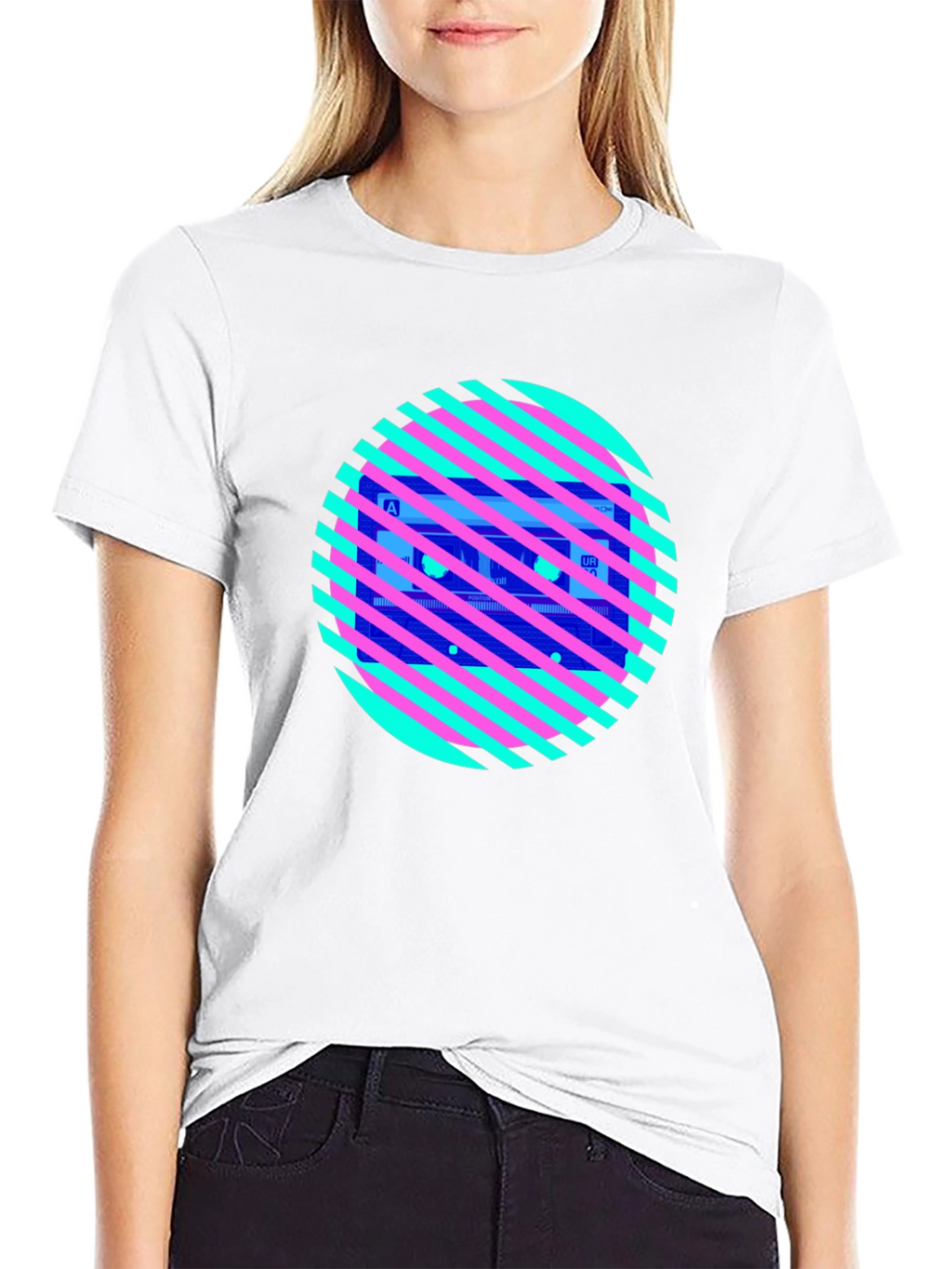 Retro Cassette Tape Graphic Tee - Striped Circle Design