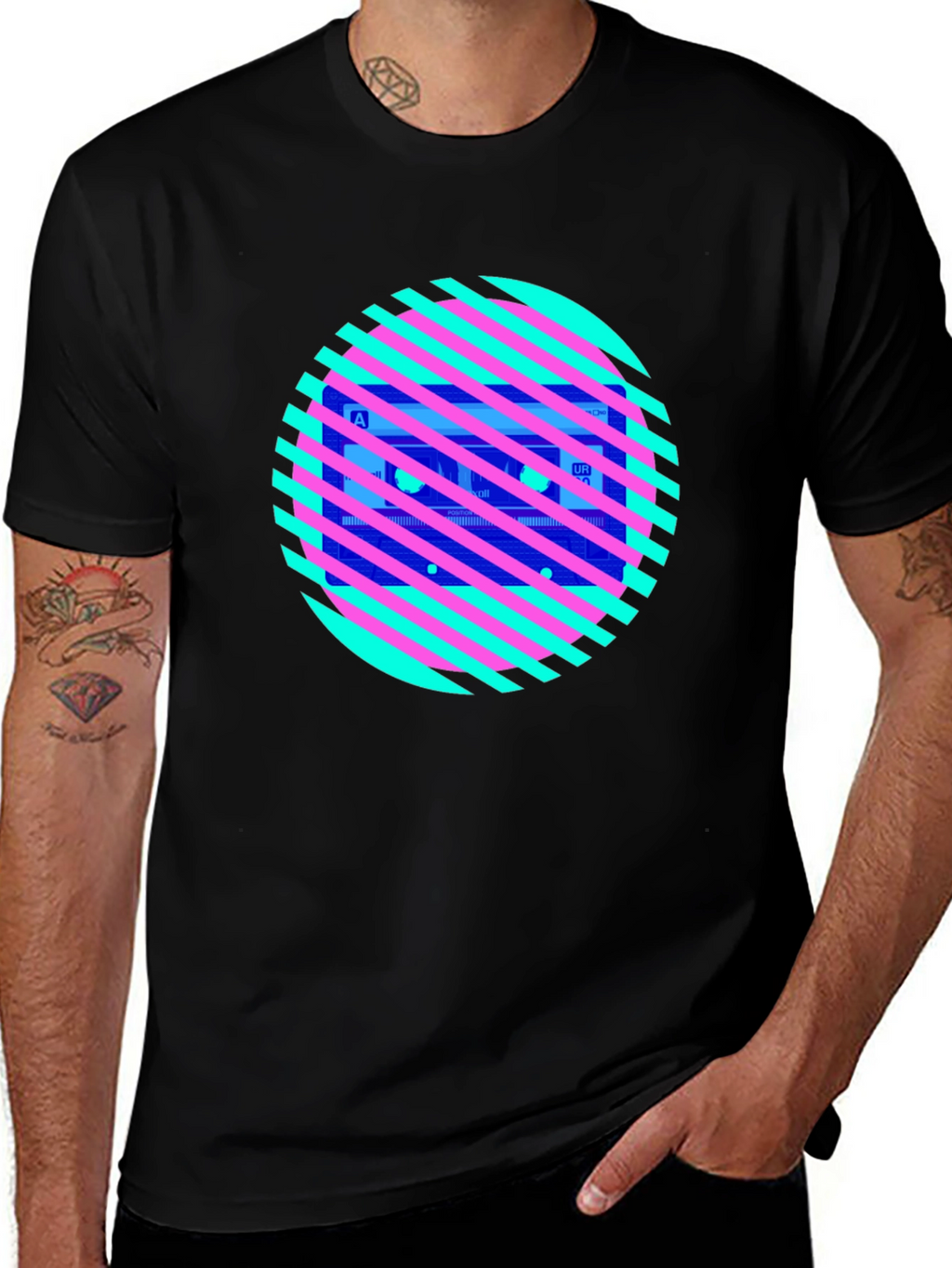 Retro Cassette Tape Graphic Tee - Striped Circle Design