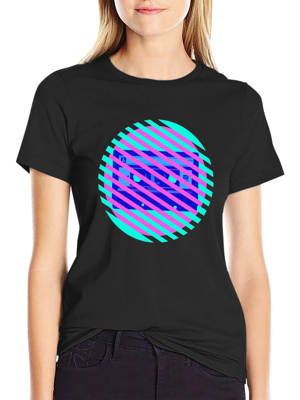 Retro Cassette Tape Graphic Tee - Striped Circle Design