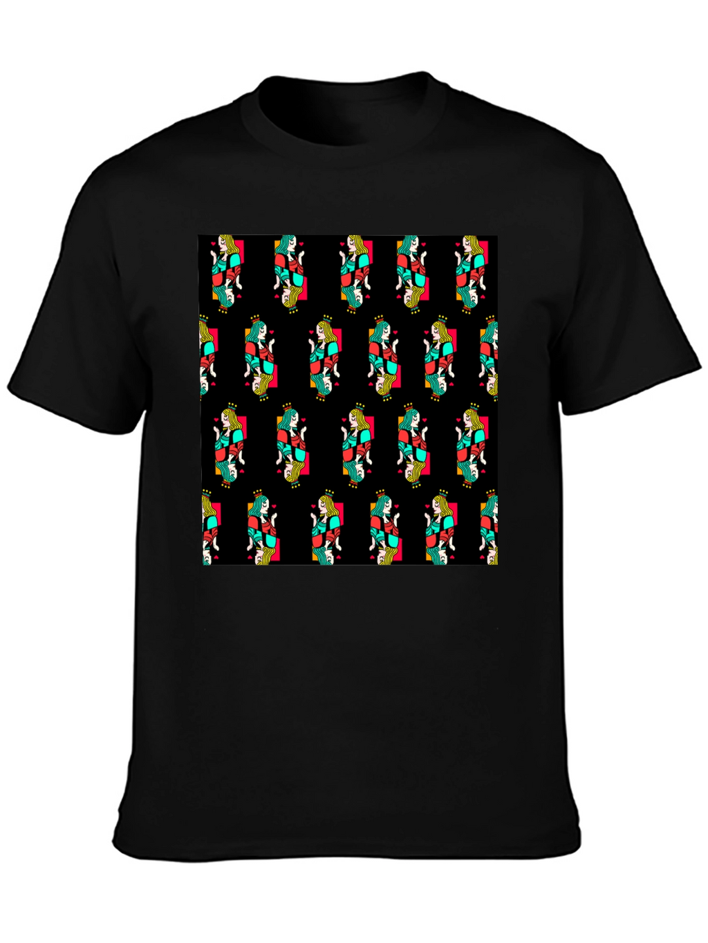 Queen of Hearts Pattern Black T-Shirt