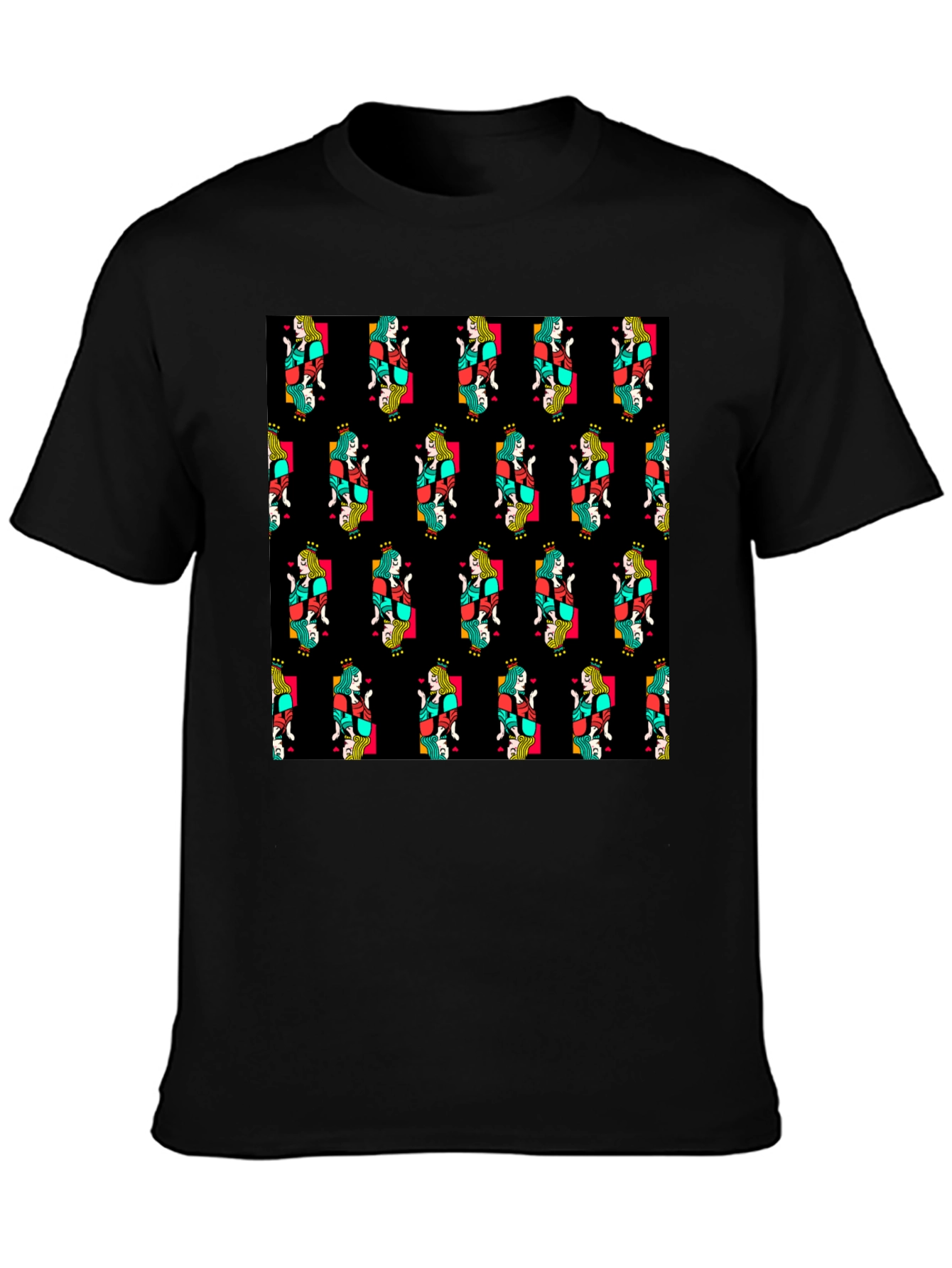 Queen of Hearts Pattern Black T-Shirt