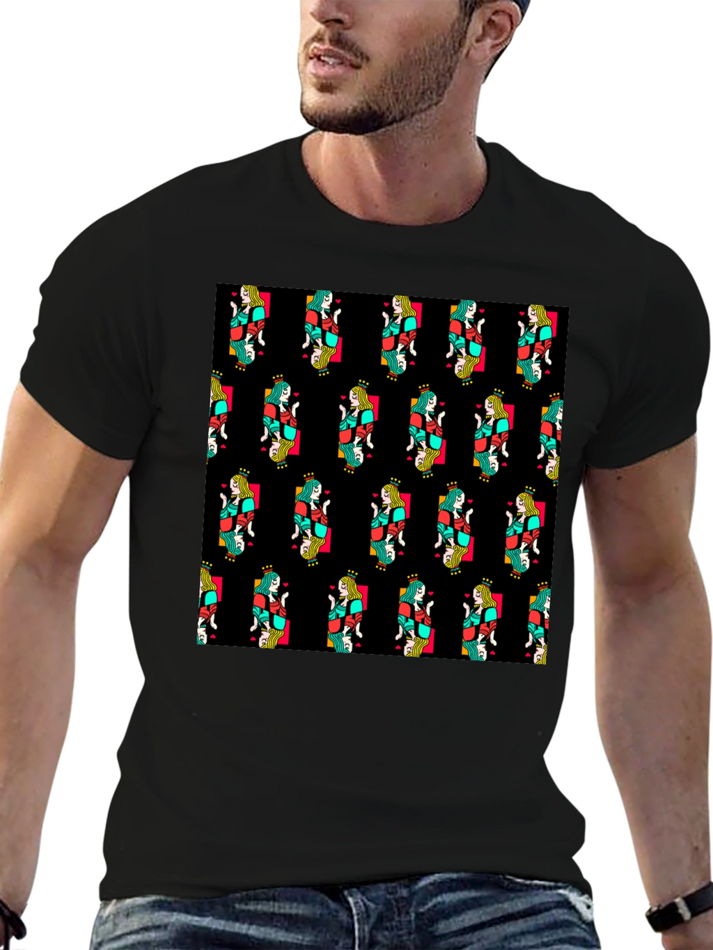 Queen of Hearts Pattern Black T-Shirt