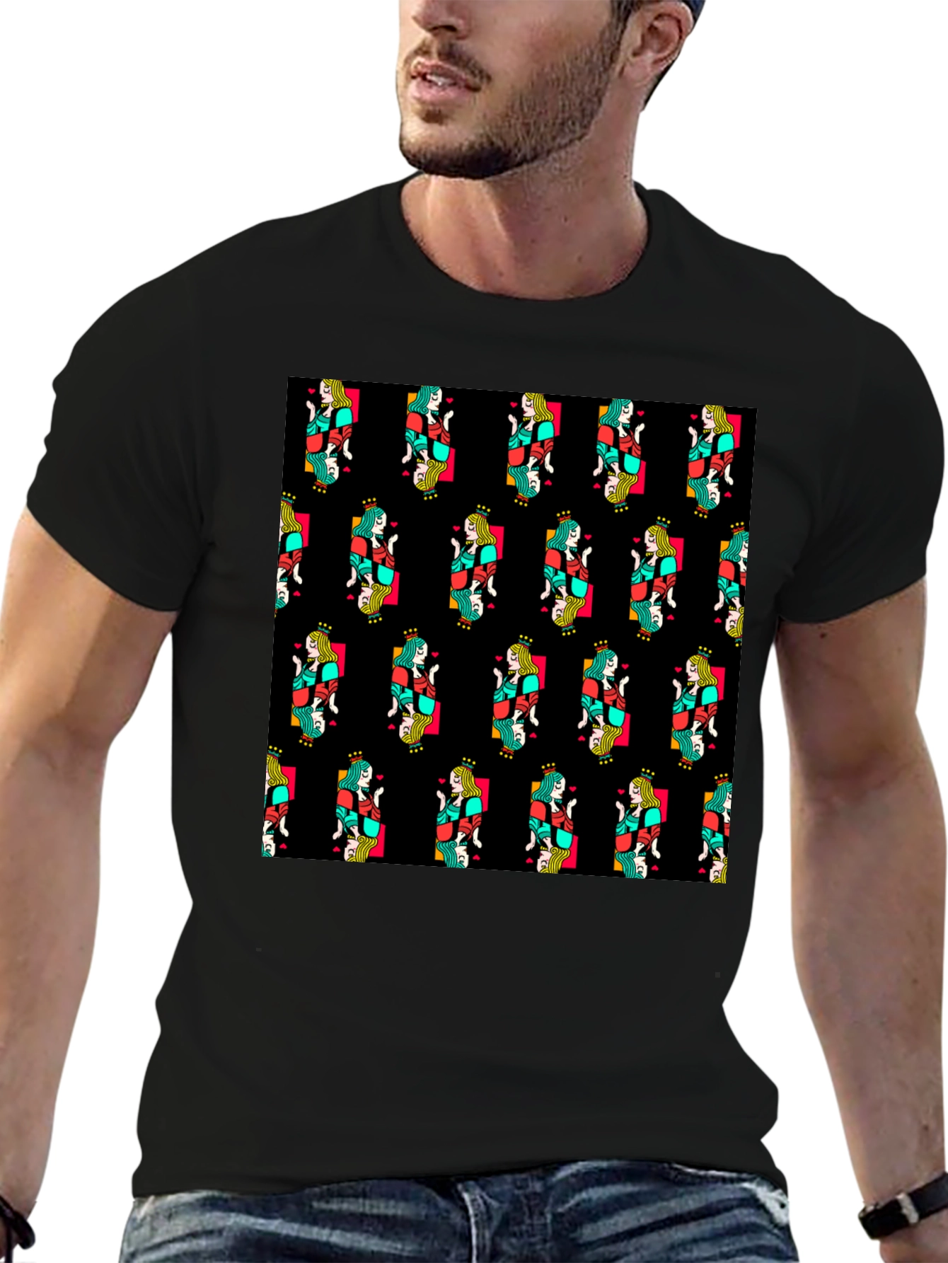 Queen of Hearts Pattern Black T-Shirt