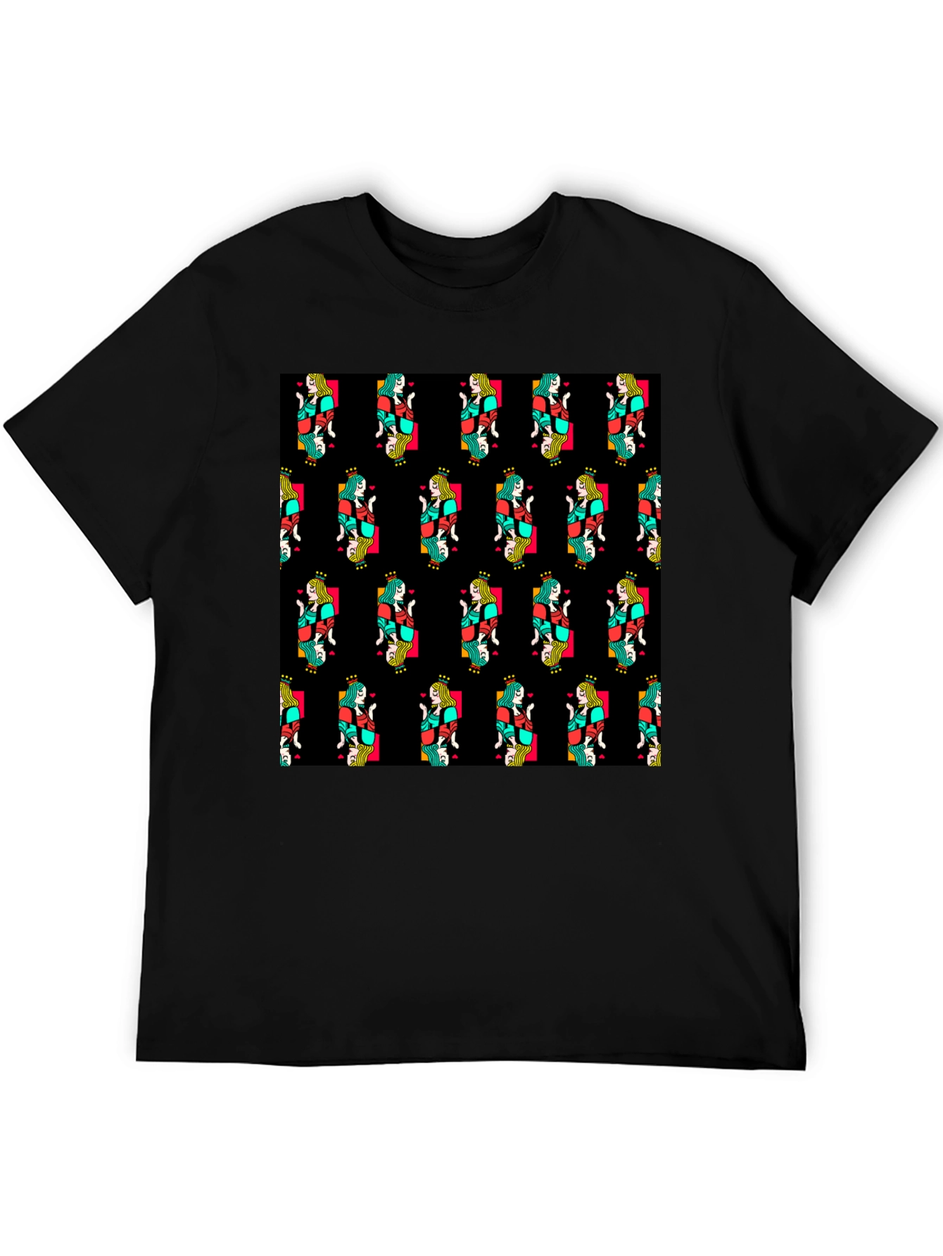 Queen of Hearts Pattern Black T-Shirt