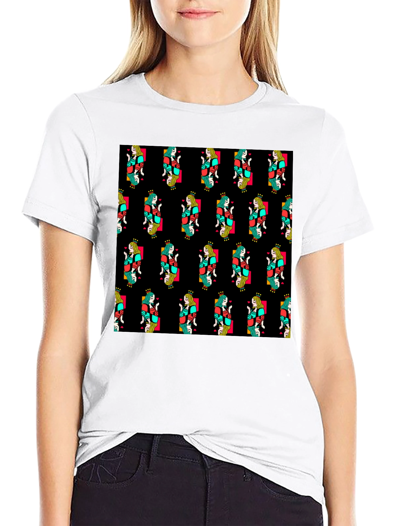 Queen of Hearts Pattern Black T-Shirt