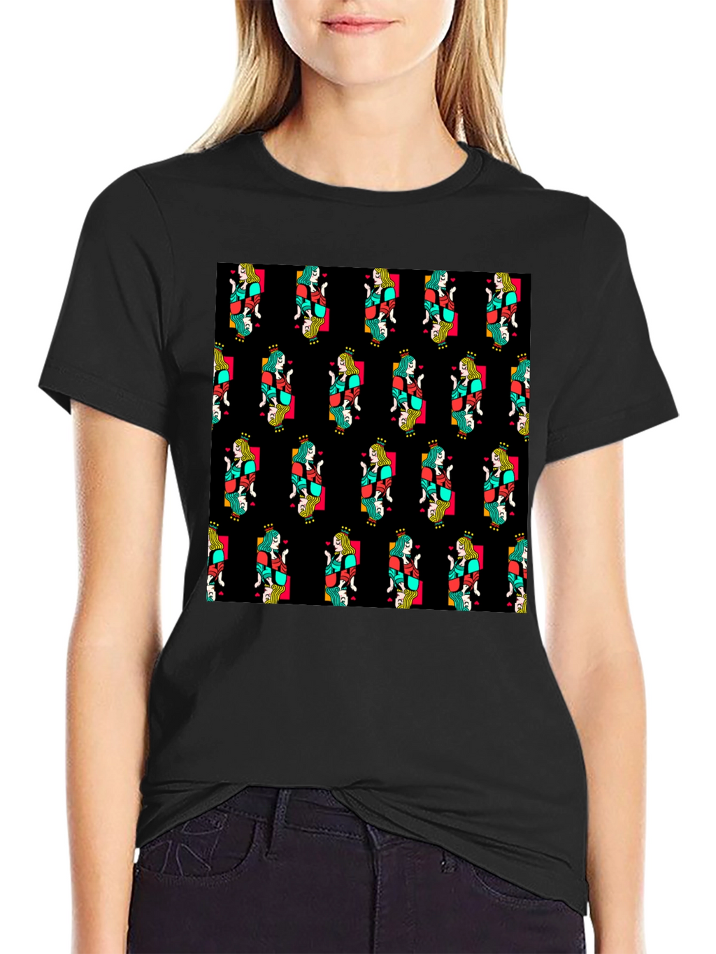 Queen of Hearts Pattern Black T-Shirt