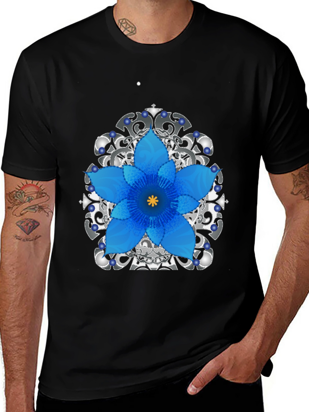 Floral Mandala Mens Black Graphic Tee