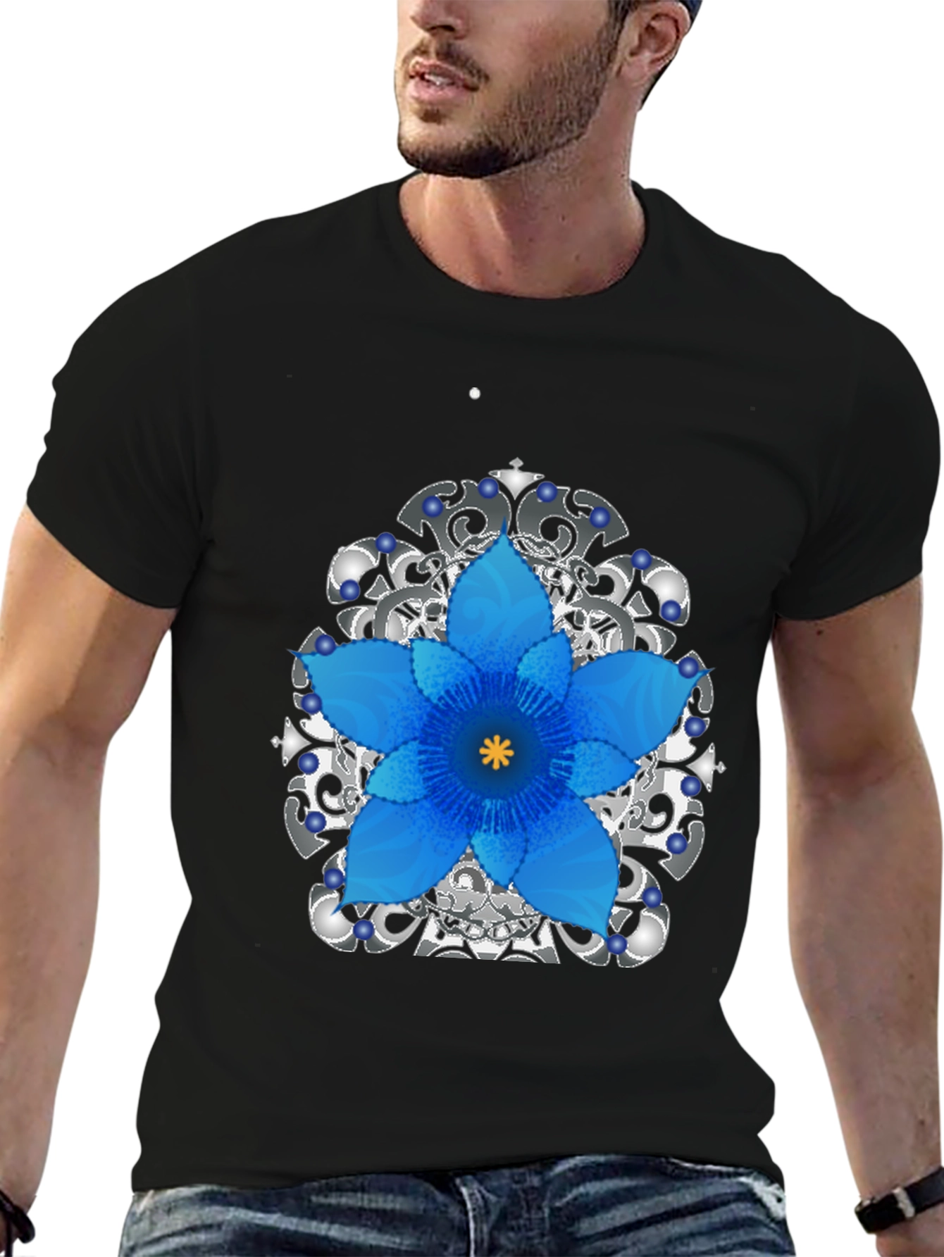Floral Mandala Mens Black Graphic Tee