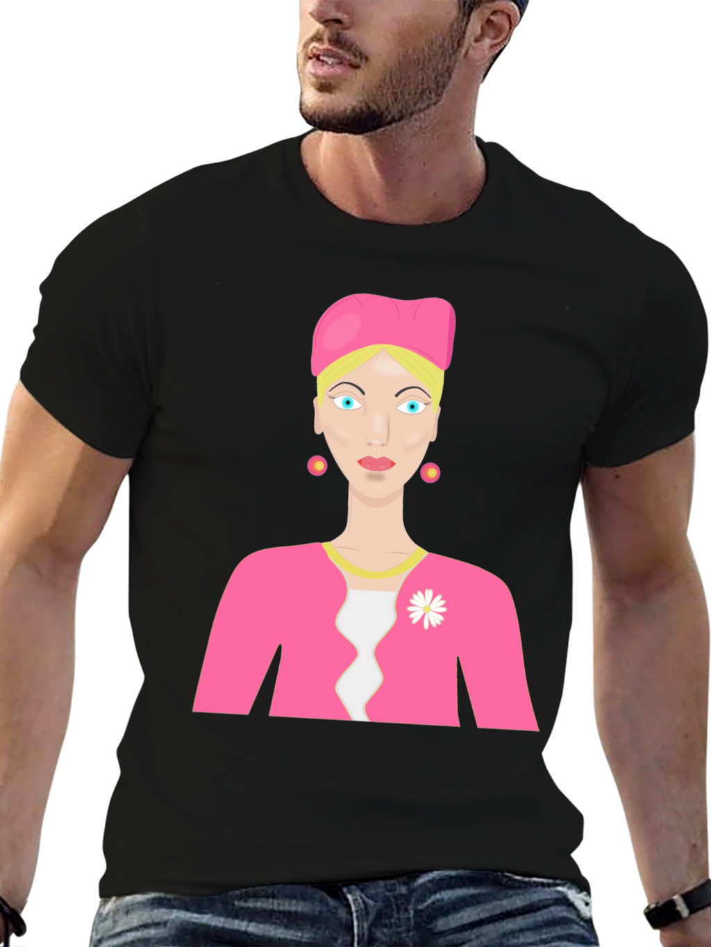 Cartoon Woman on Black T-Shirt
