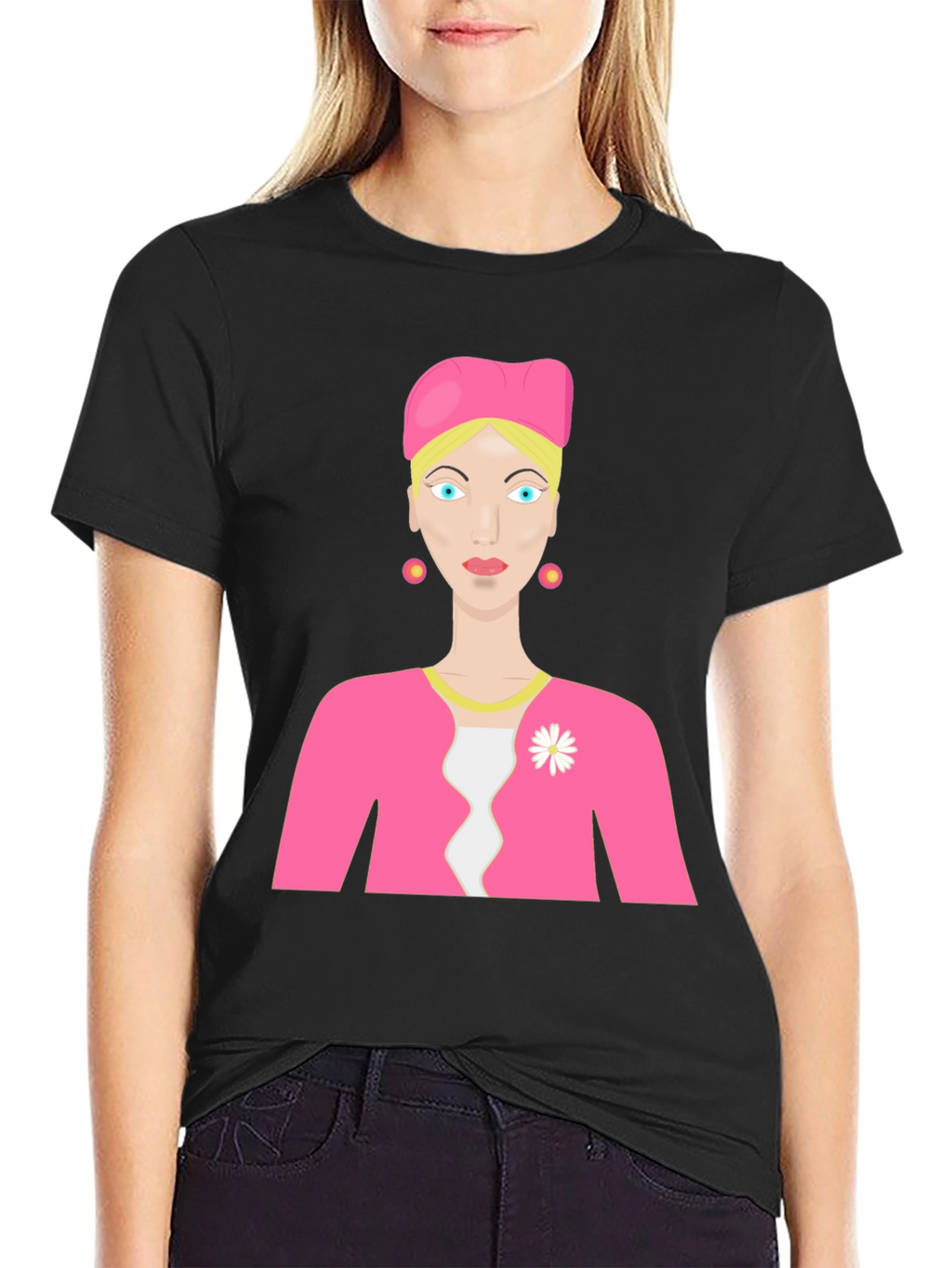 Cartoon Woman on Black T-Shirt
