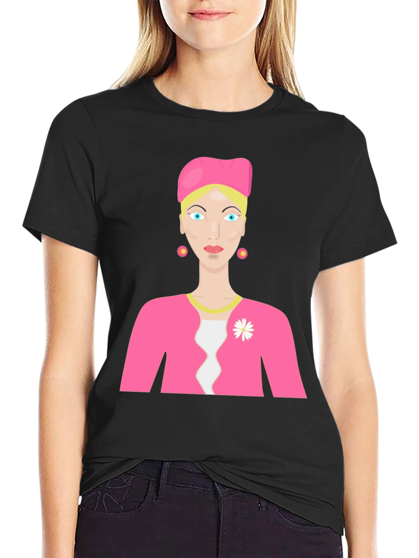 Cartoon Woman on Black T-Shirt