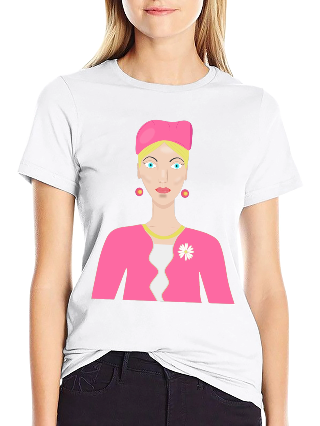 Cartoon Woman on Black T-Shirt